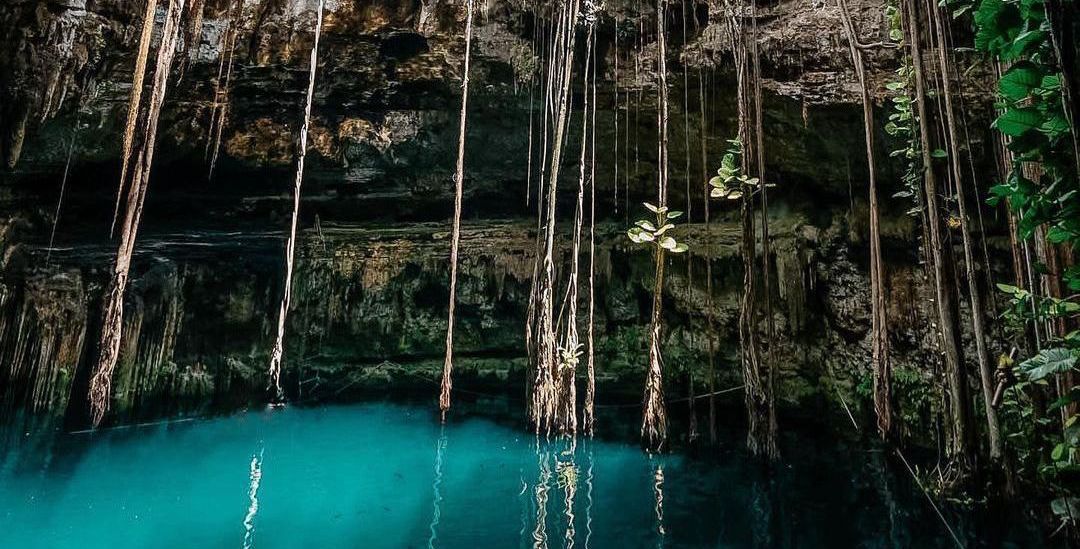Hay un gran cuerpo de agua en el medio de una cueva rodeada de árboles.