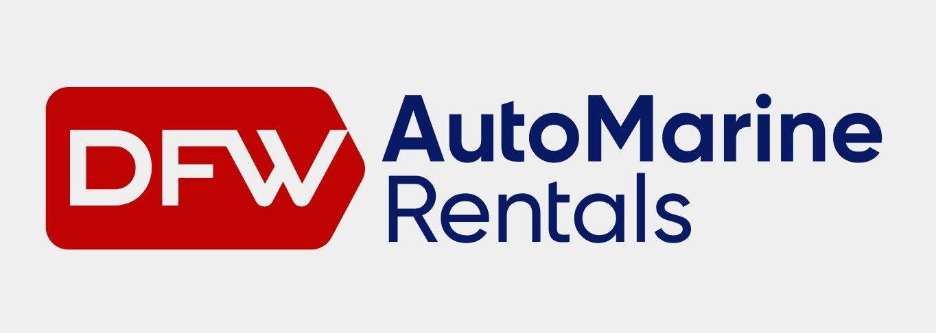 Logo for AutoMarine Rentals: DFW in white on red, followed by