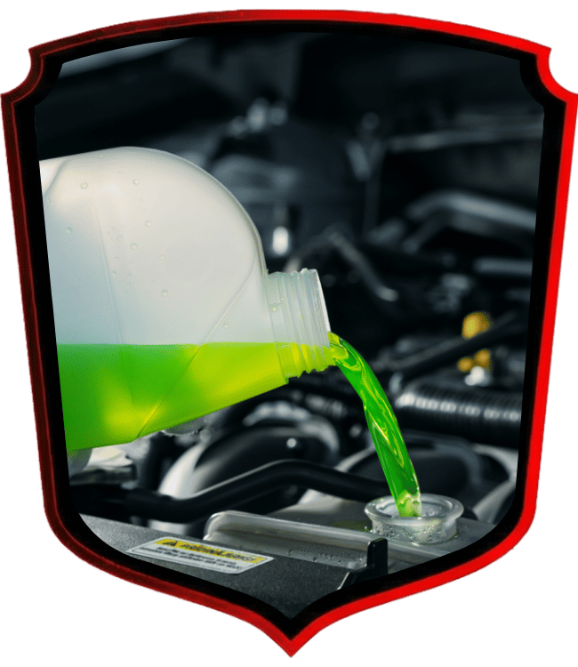 Pouring green coolant into vehicle cooling system reservoir