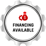 Silver gear badge with red money icon and the words “FINANCING AVAILABLE”