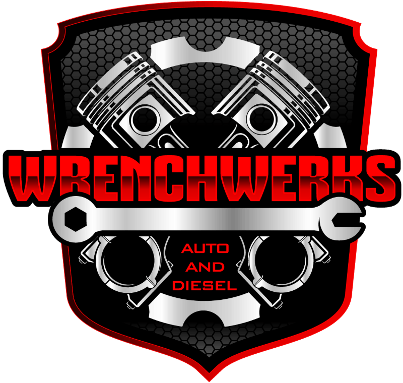 WrenchWerks Auto and Diesel logo with pistons, wrench, and red-black shield design