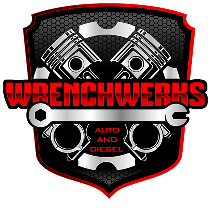 WrenchWerks Auto and Diesel logo with pistons, wrench, and red-black shield design