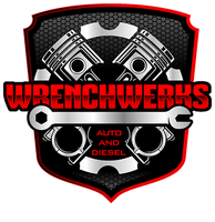 WrenchWerks Auto and Diesel logo with pistons, wrench, and red-black shield design