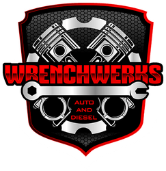 WrenchWerks Auto and Diesel logo with pistons, wrench, and red-black shield design