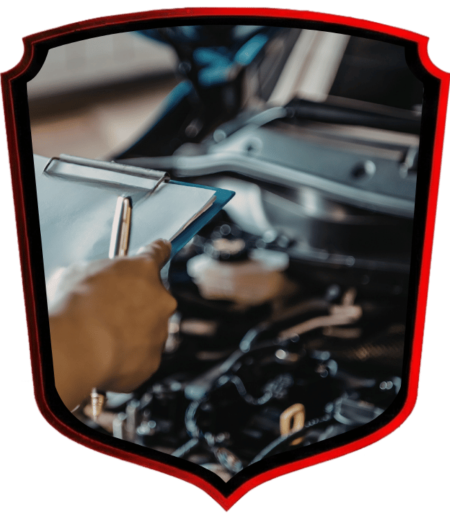 Technician holding inspection clipboard near open engine bay