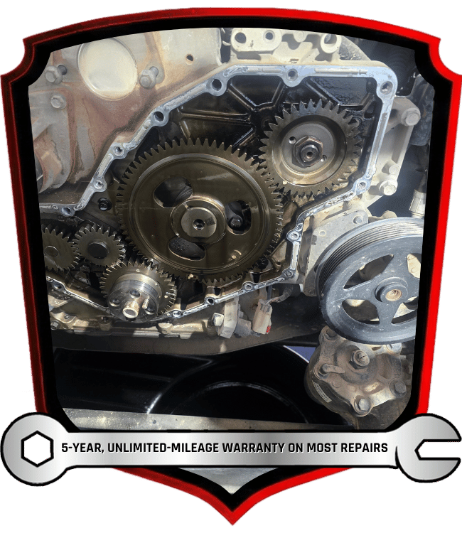 Exposed engine timing gears and components during timing belt repair service