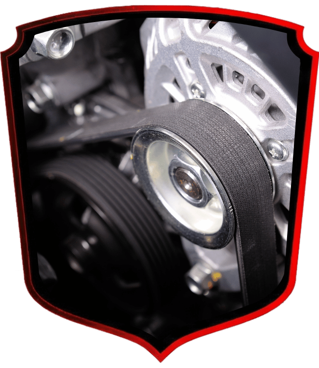 Engine timing belt and pulley system close-up view