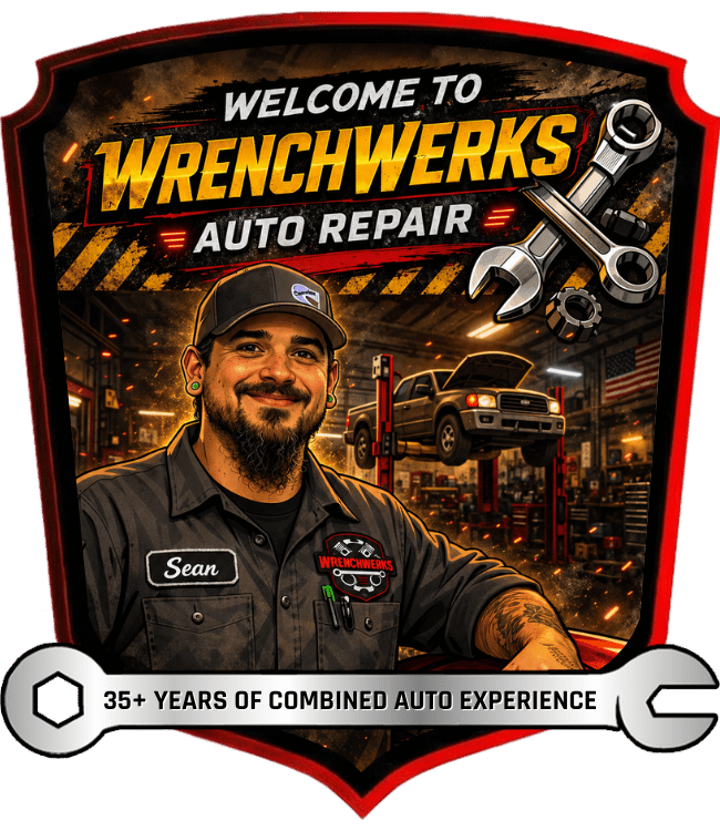WrenchWerks Auto Repair with mechanic, car, and tools on a dark industrial background.