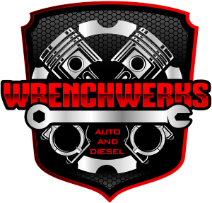 WrenchWerks Auto and Diesel logo with pistons, wrench, and red-black shield design