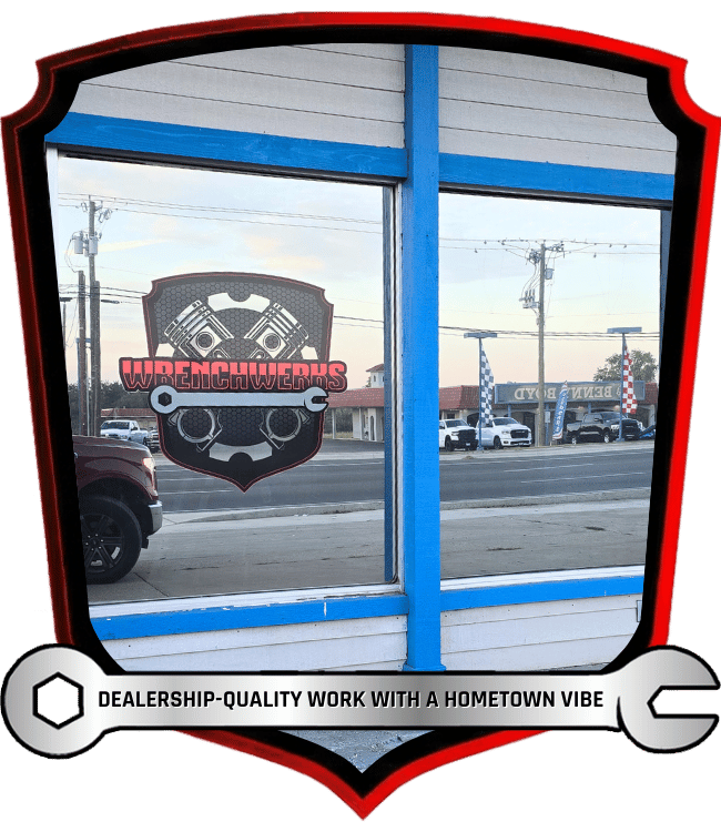 WrenchWerks logo displayed on front office window