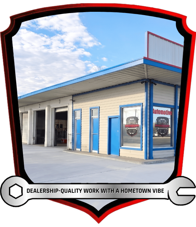 Automotive repair facility exterior with multiple service bays