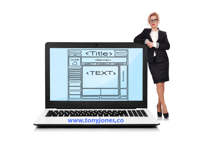 A woman standing next to a laptop that says title and text