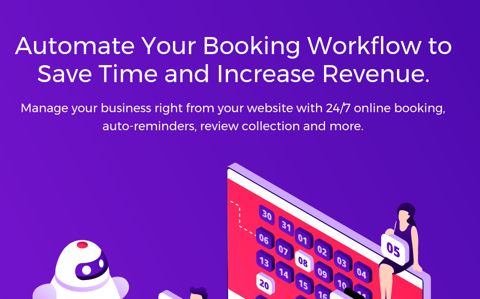 A purple poster that says automate your booking workflow to save time and increase revenue