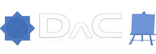 A logo for dac with a blue star and a blue canvas