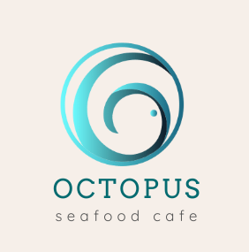 A logo for octopus seafood cafe with a blue swirl