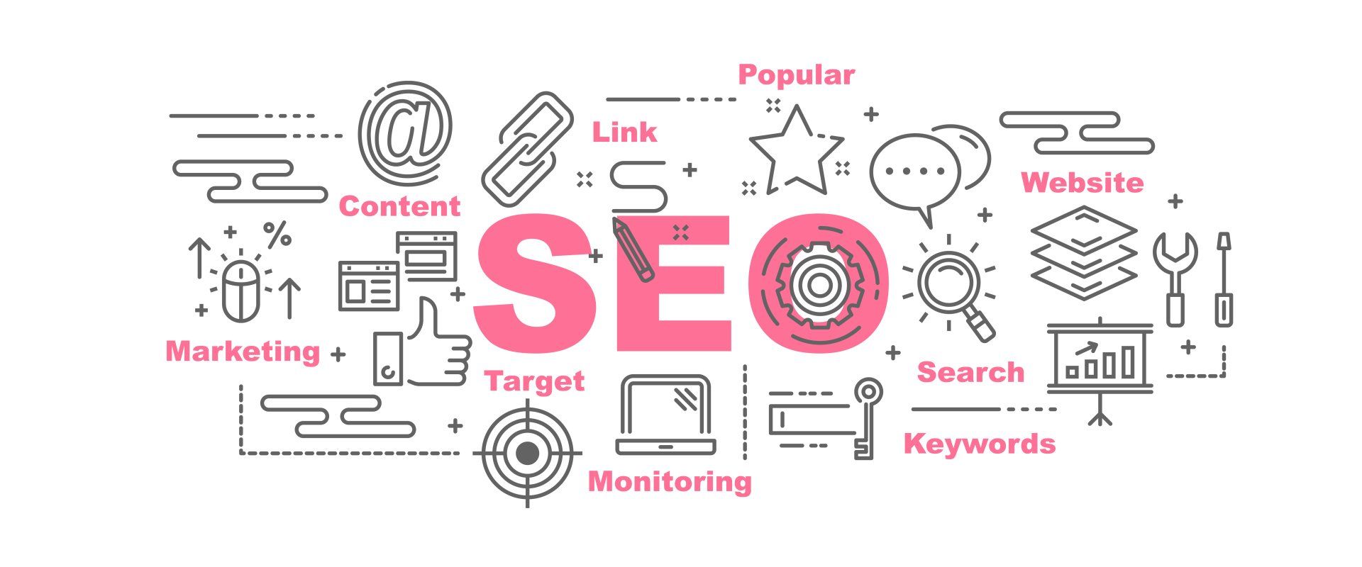 A banner with the word seo surrounded by icons.