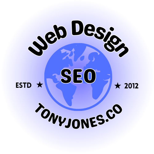 a blue logo that says Web Design Tony Jones specialist website SEO services Wrexham