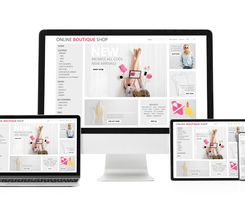 A computer , laptop , and tablet are displaying a website for an online boutique shop.
