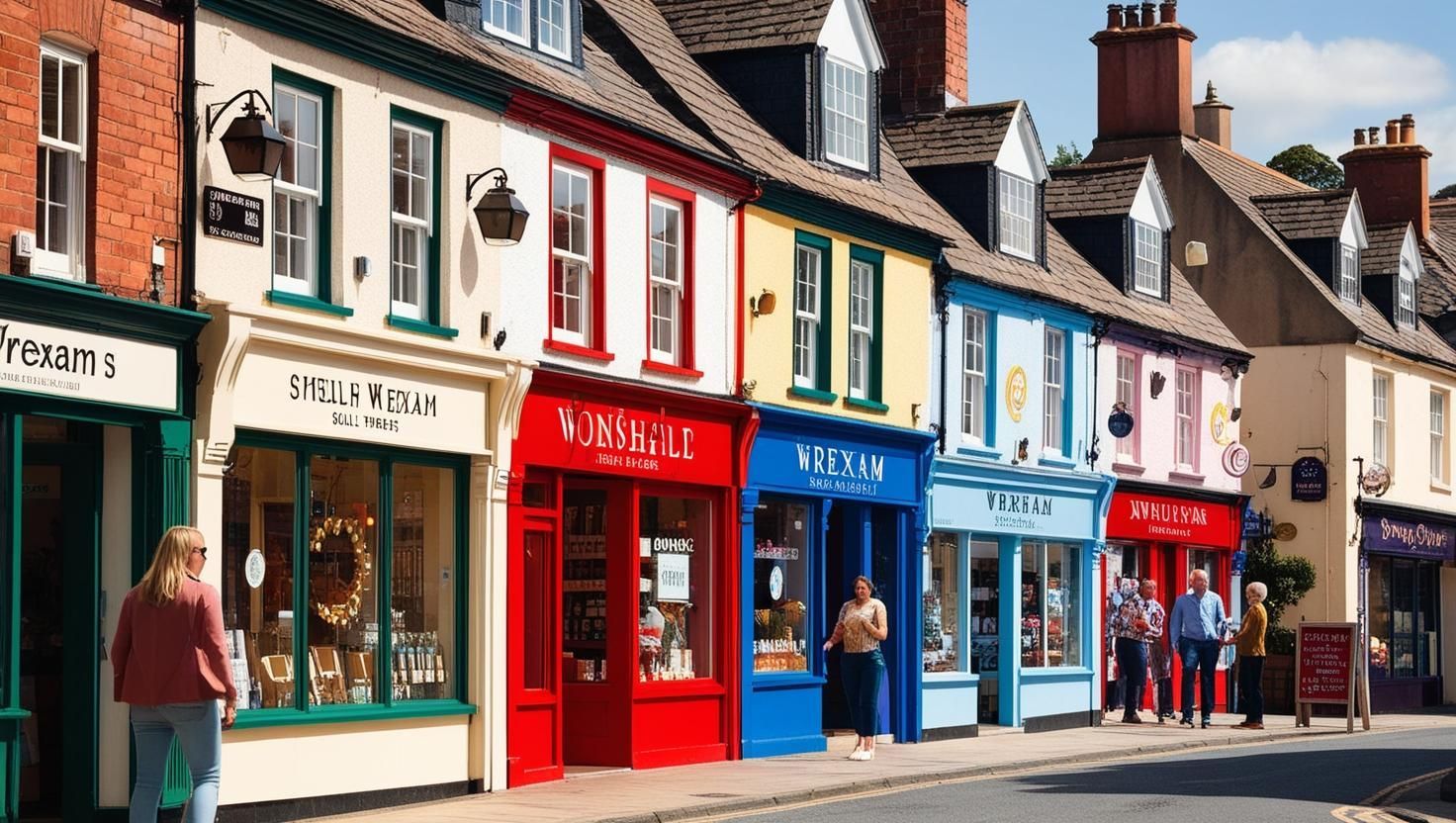 A row of colorful shops are lined up on a street in Wrexham.