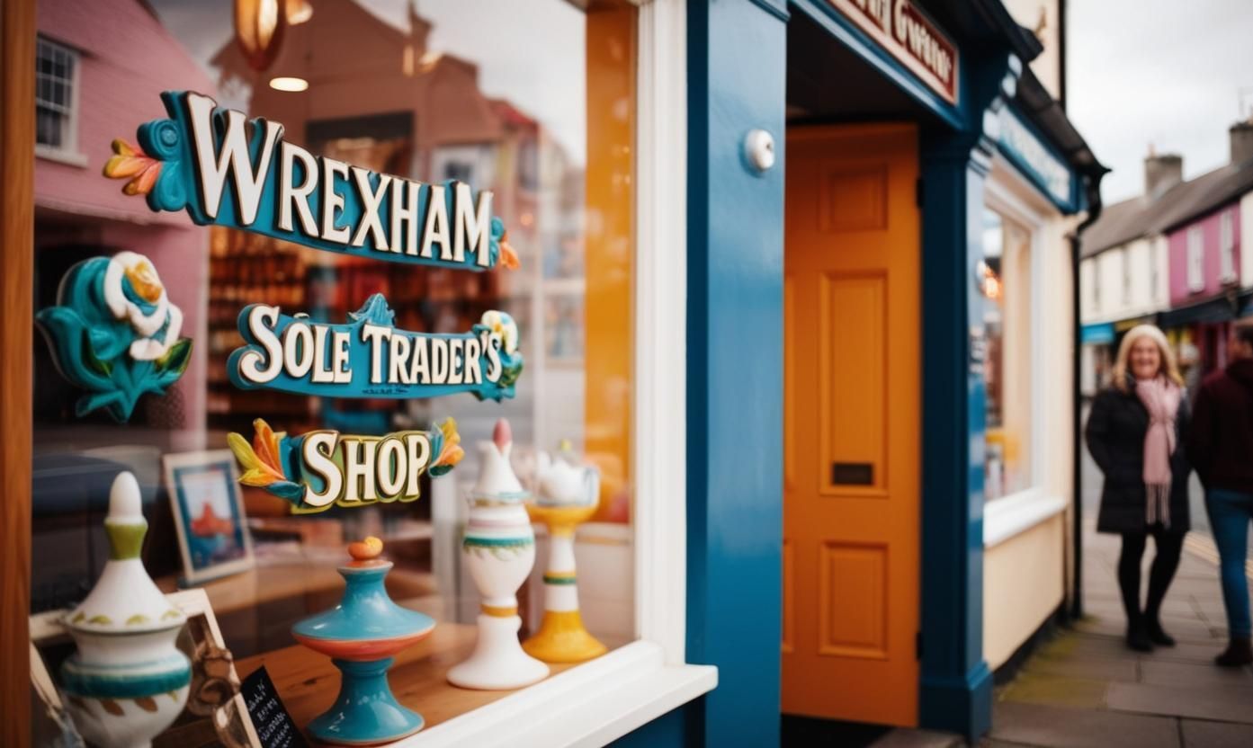 A row of colorful shops are lined up on a street in Wrexham.