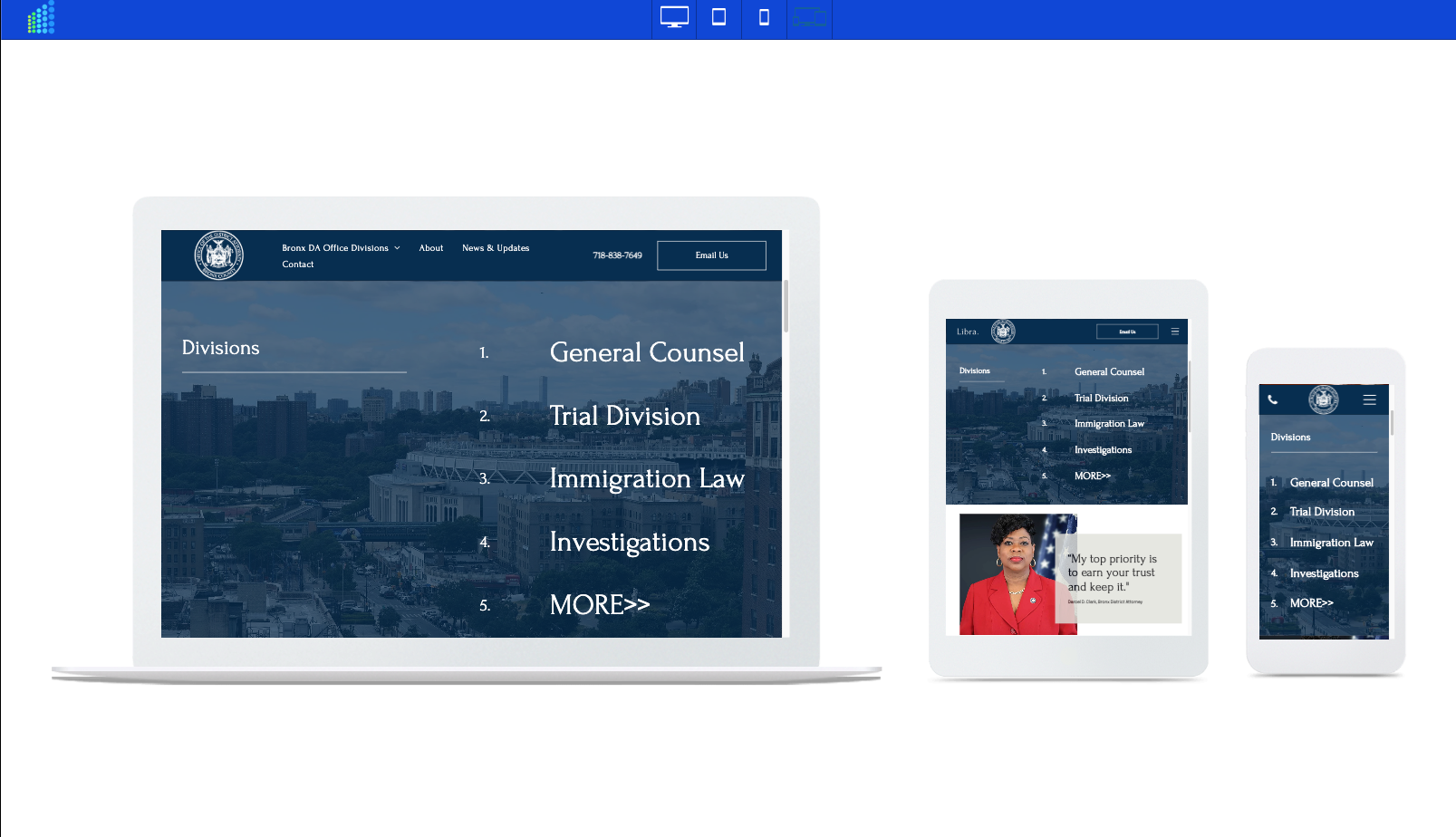 A laptop , tablet , and cell phone are displaying a suggested website for the Bronx DA