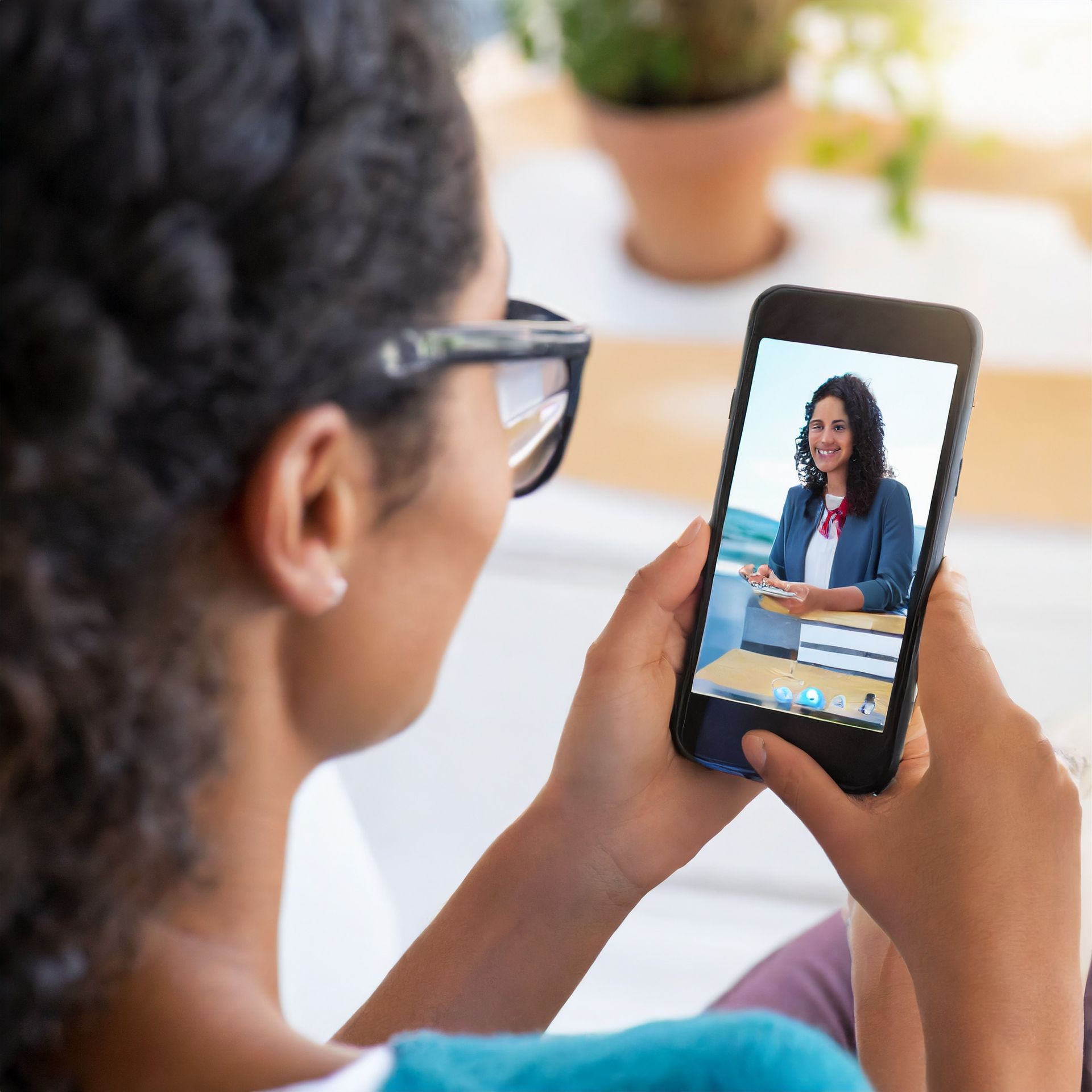 A woman is holding a cell phone with a picture of a woman on it.
