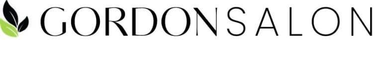 A logo for gordon salon with a green leaf on a white background.