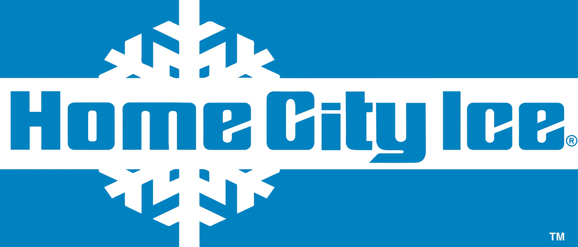 A blue and white logo for home city ice