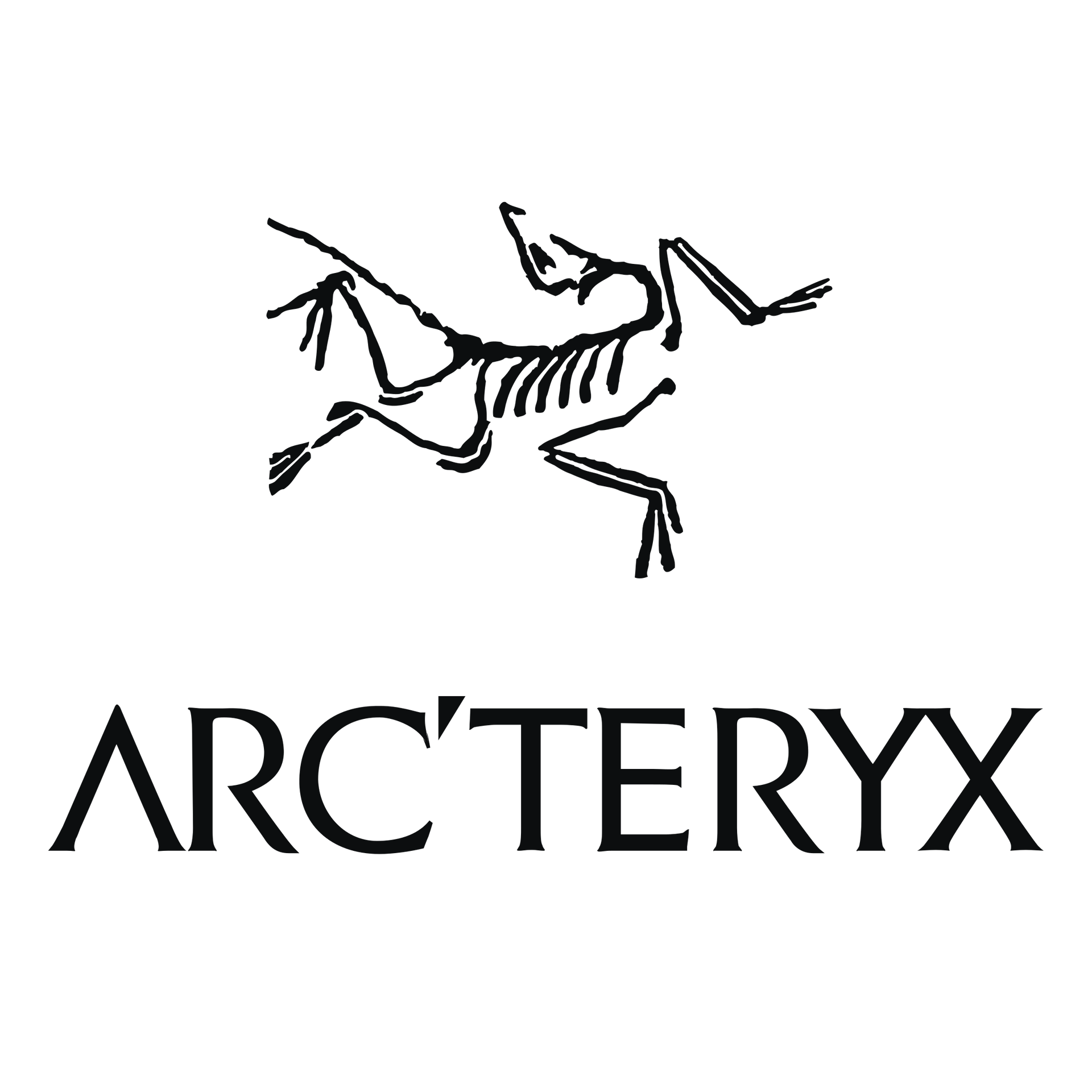 A black and white logo for arcteryx with a skeleton of a bird.