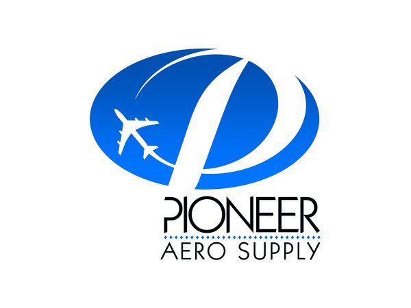 The logo for pioneer aero supply is blue and white