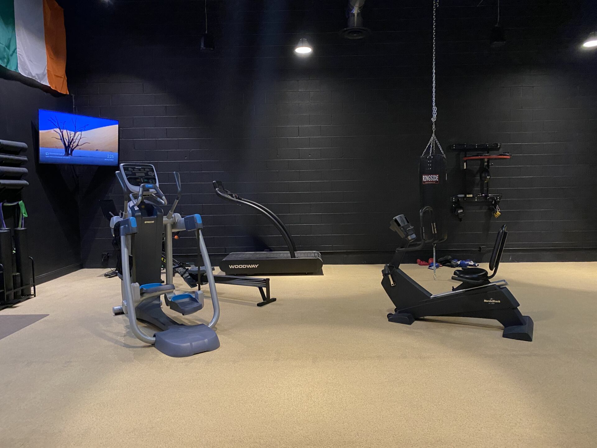 A gym with a treadmill and a boxing bag.
