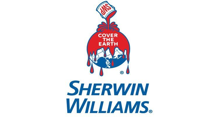 The logo for sherwin williams is a globe with a can of paint pouring out of it.
