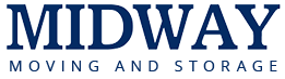 The logo for midway moving and storage is blue and white.