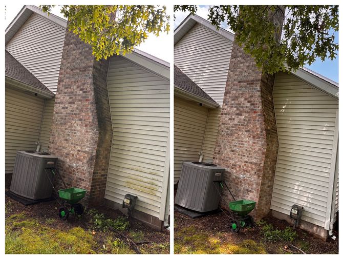 A before and after picture of a house with a chimney.