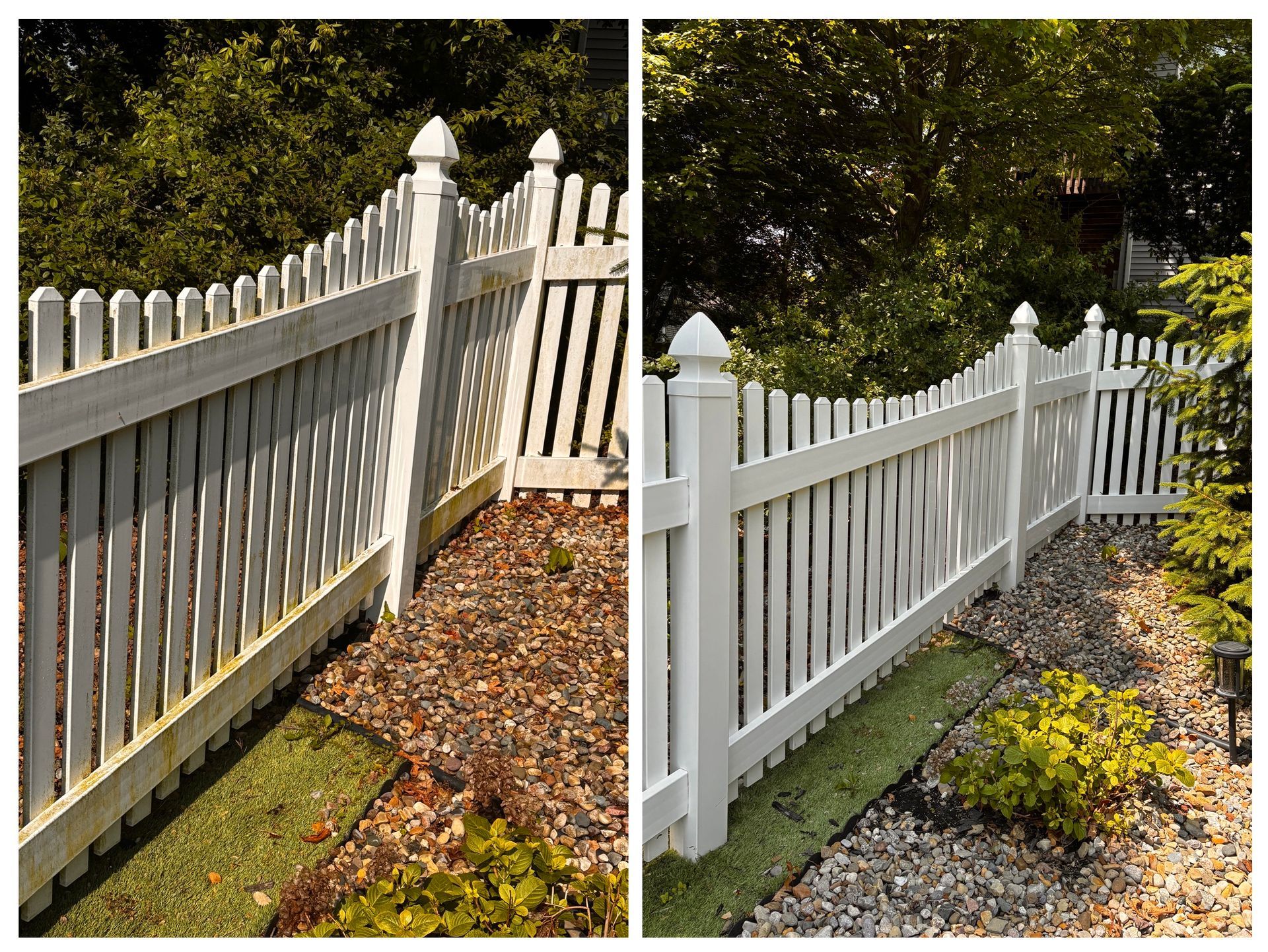 A before and after photo of a white picket fence.