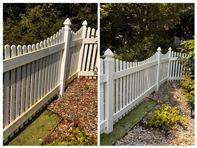 A before and after photo of a white picket fence.