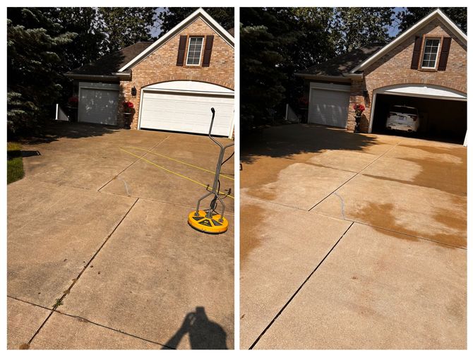 A before and after picture of a driveway being cleaned.