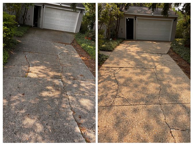A before and after photo of a concrete driveway next to a garage.