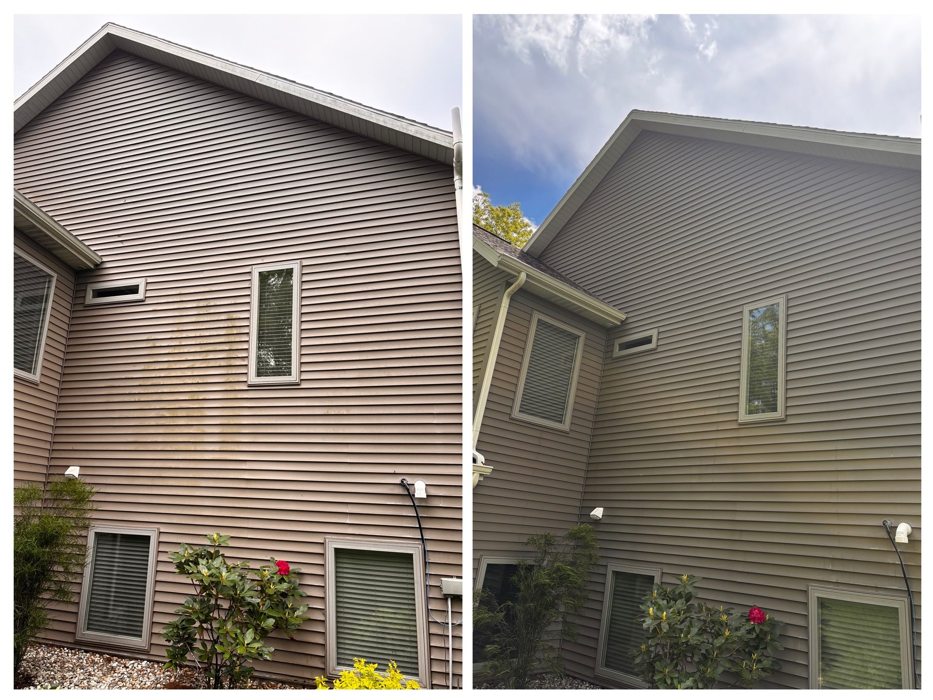 A before and after picture of a house with a lot of windows.