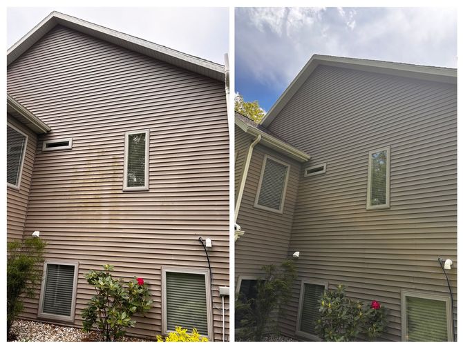 A before and after picture of a house with a lot of windows.