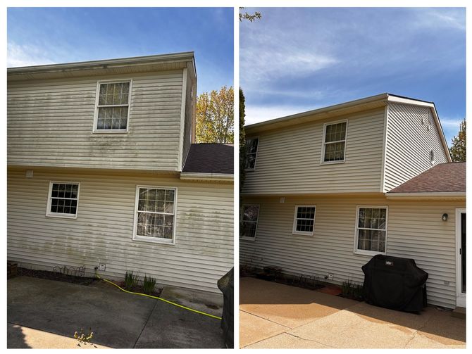 A before and after picture of a house with a grill in the backyard.