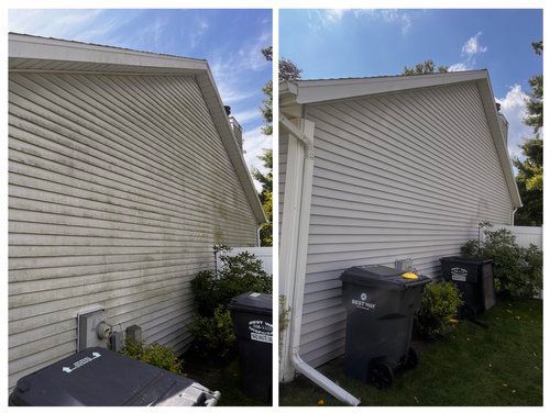 A before and after picture of a house with trash cans in front of it.