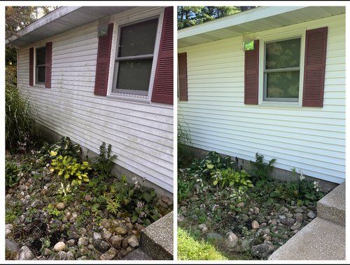 A before and after picture of a house with red shutters.
