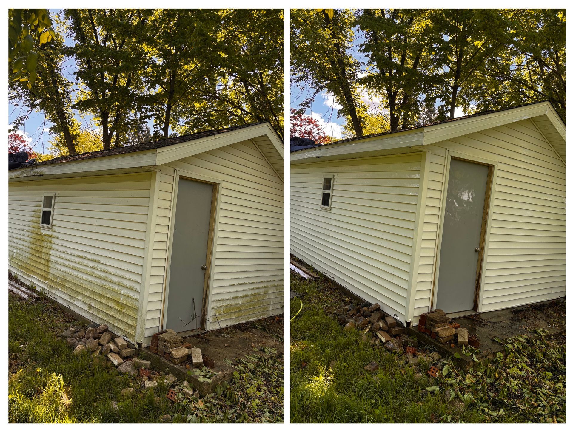A before and after picture of a white shed.
