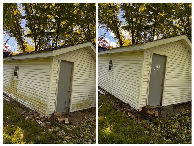 A before and after picture of a white shed.