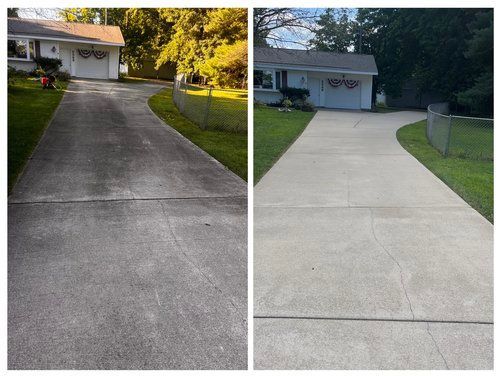 A before and after photo of a concrete driveway in front of a house.
