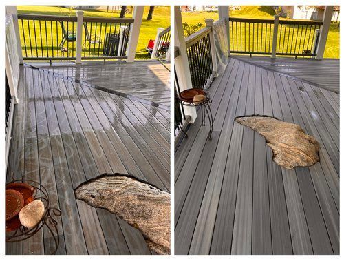 A before and after picture of a deck with a rock on it.