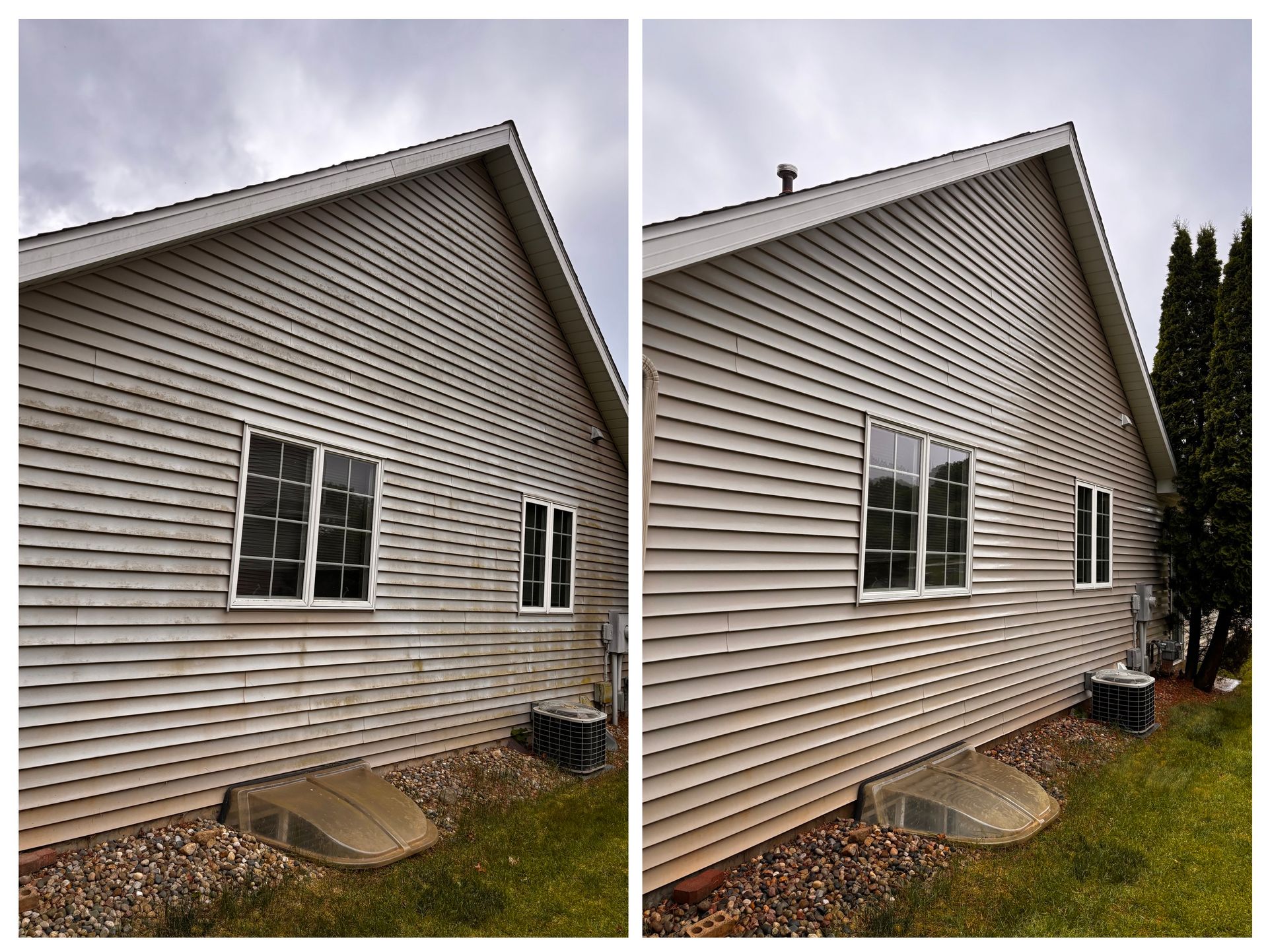 A before and after picture of a house 's siding
