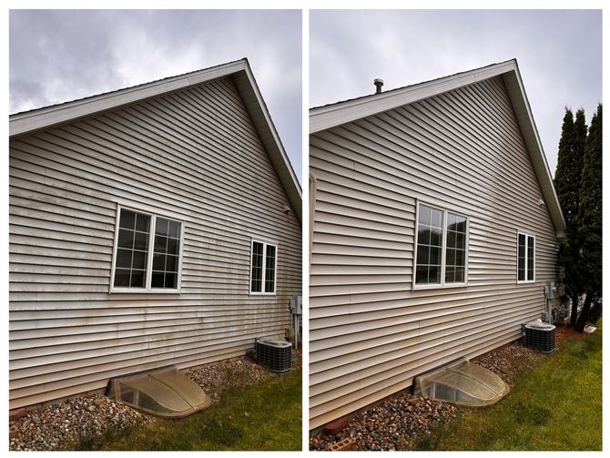 A before and after picture of a house 's siding