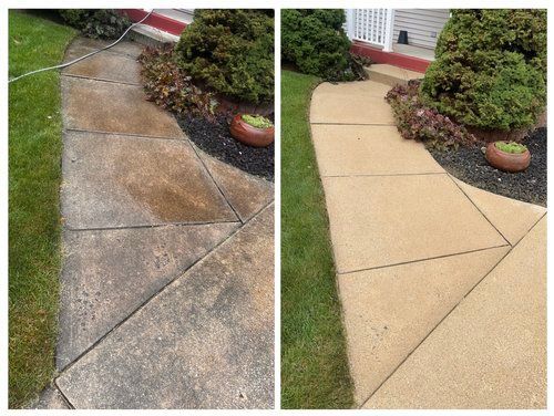 A before and after photo of a concrete walkway.